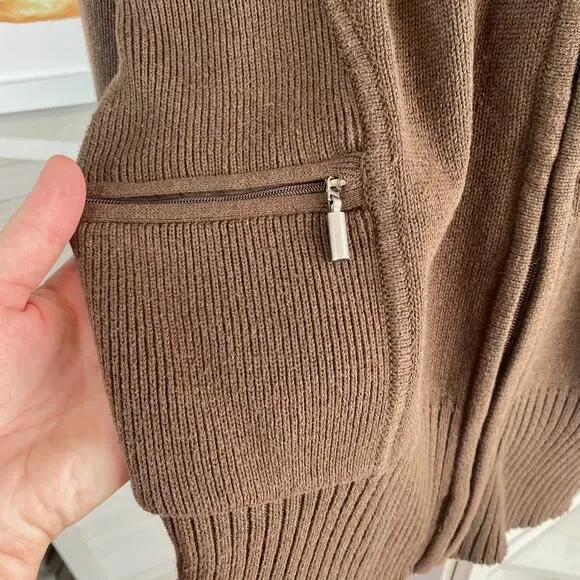 Nine & Co brown full zip sweater jacket with rabbit fur hood size large - Picture 6 of 8